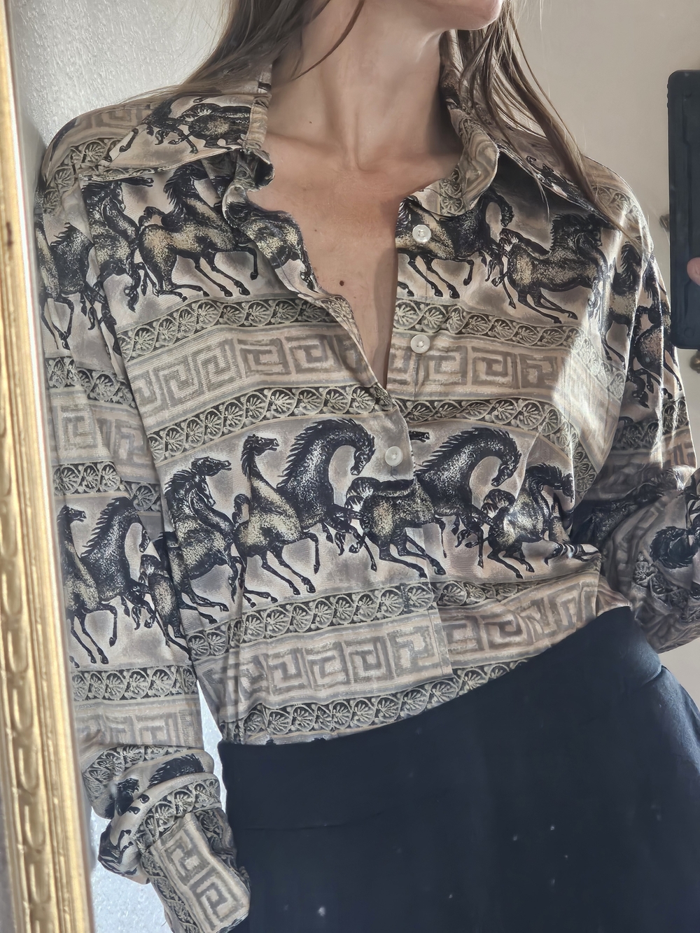 Vintage 1970s Horse Print Design Button Up Shirt Large Collar